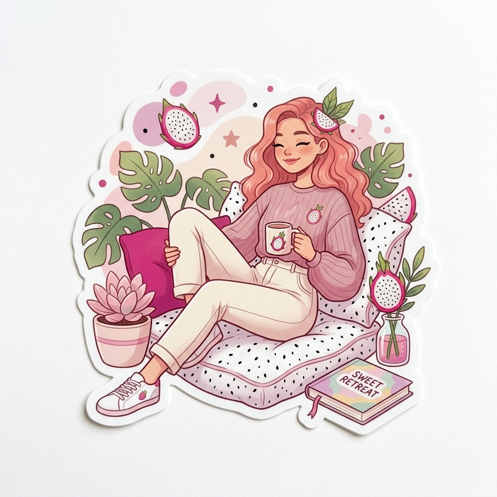 Sticker ilustrado de pitahaya sentada con estilo kawaii